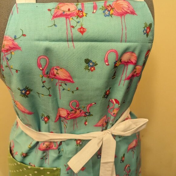 NWT Handmade Reversible Apron - Christmas flamingos and dots - One Size - Picture 2 of 4